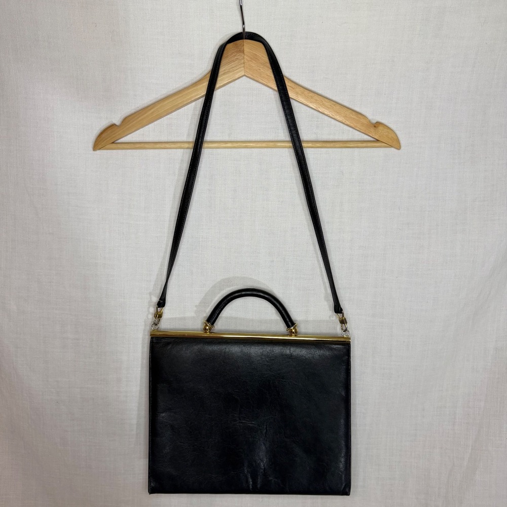 Vintage Black Leather Frame Handbag Gold Hardware Top Handle Shoulder Bag - Picture 5 of 12